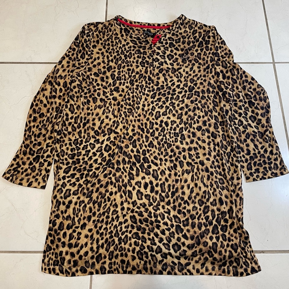 Lauren Ralph Lauren Leopard Print Button Down Shirt Size XL Cotton Blend, Long